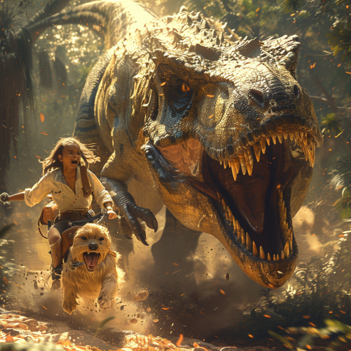 Shih Tzu rides T. rex in forest adventure scene.