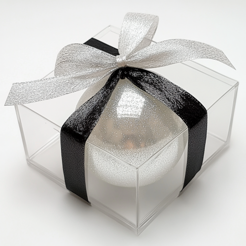 Shiny, round Christmas ornament in clear gift box.