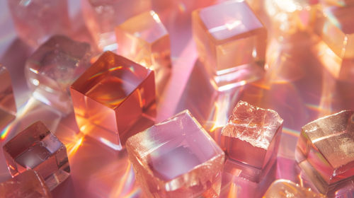 Shiny crystal cubes stacked with rainbow reflections