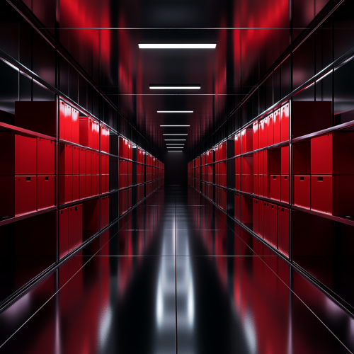 Shiny silver hallway with glowing red boxes