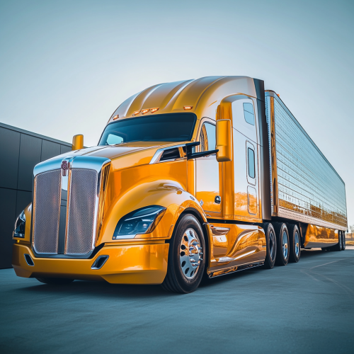 Shiny yellow semi-truck with modern design, reflective details