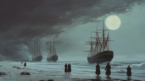 Ships arriving at America with people watching.