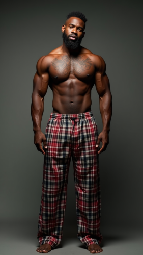 Shirtless African American Man with Tattoos in PJs