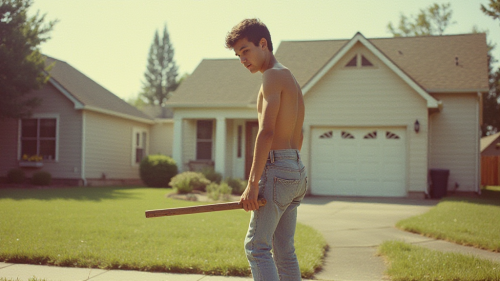 Shirtless Teen Doing Yard Work in 1980s Suburb