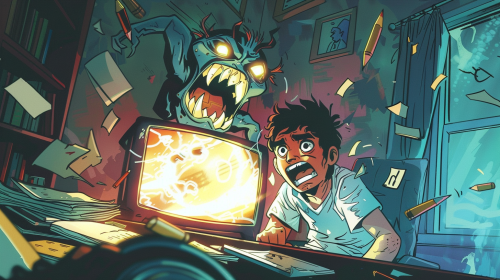 Shocked Indian boy plays video games, SAT monster emerges.