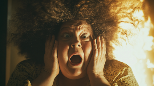 Shocked overweight mom in ugly clothes watching fire