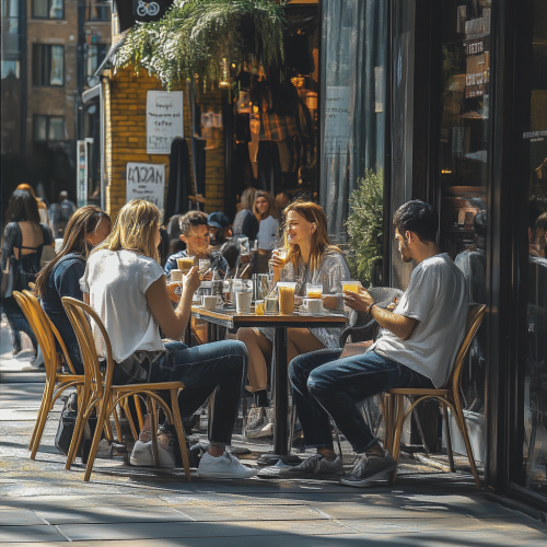 Shoreditch Summer Cafe Scene: People Chatting, Drinking Coffee Shoreditch Summer Cafe Scene: People Chatting, Drinking Coffee