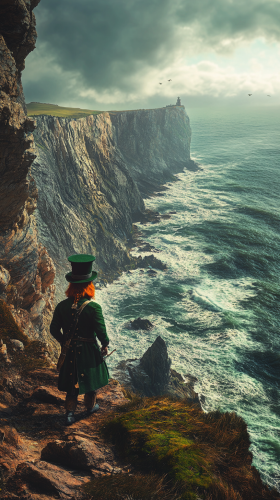 Short leprechaun on Irish cliff sees sea.