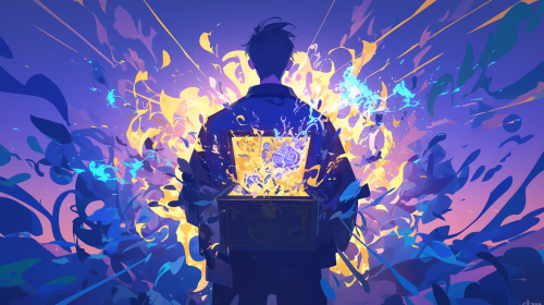 Silhouette man opening treasure chest with vibrant anime colors.