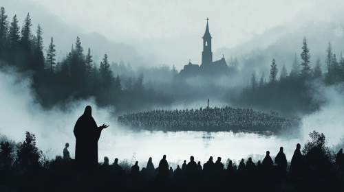 Silhouette of bishop speaks to crowd in foggy town