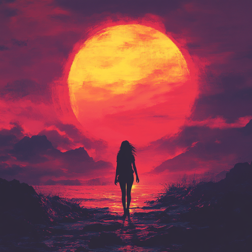 Silhouette of girl against vibrant sunset, shadowed body blended.