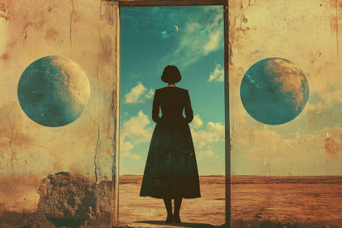 Silhouette of woman at doorway between new worlds