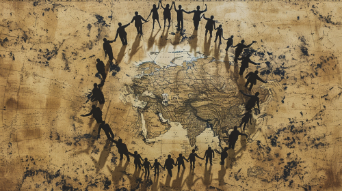 Silhouettes of people holding hands around Korean peninsula map.