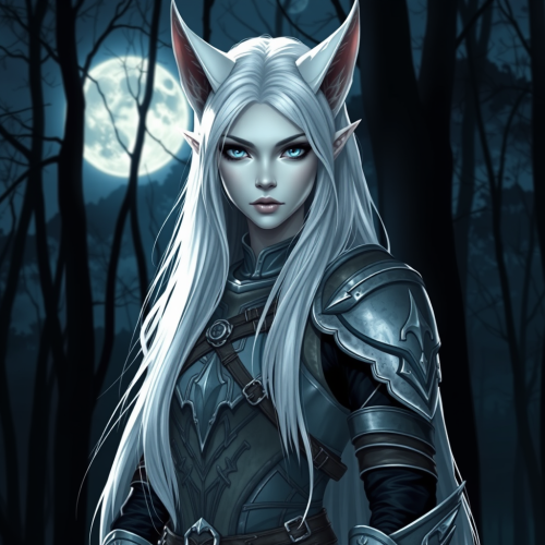 Silver-skinned Elf in Moonlit Forest with Light Armor
