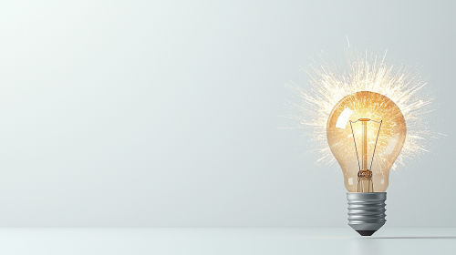 Simple image of lightbulb bursting with light. Background, text space.