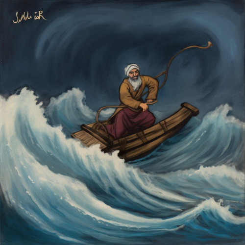 Sinbad Fights Waves on Raft in Dark Sea