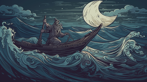 Sinbad battles waves on wooden float in fantasy