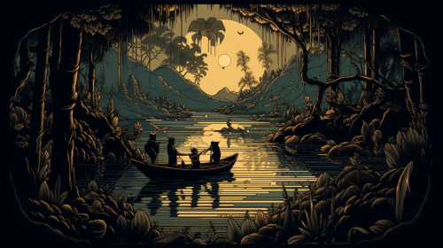 Sindbad flees on a raft in stormy sea