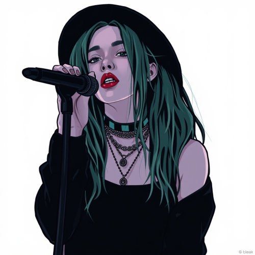 Singer Billie Eilish with colorful background concert.