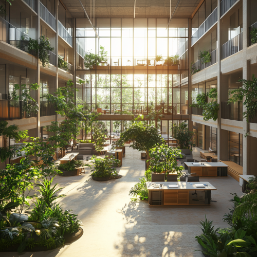 Single office room with central open space, greenery, windows.
