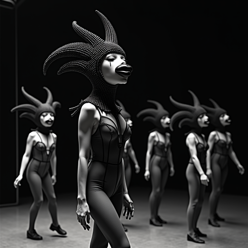 Sinister Circus Dancers in Beaded Headdress Ballroom