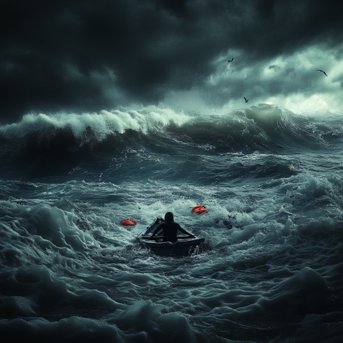 Sinking Boat in Stormy Ocean, Survivor Struggling