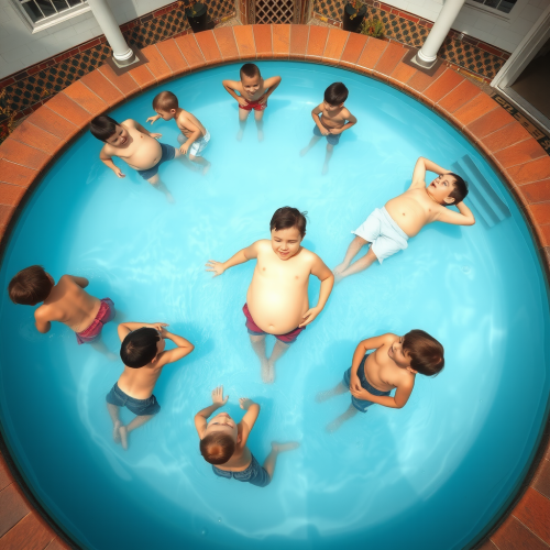 Six-Year-Old Boys with Enormous Bellies in Pool