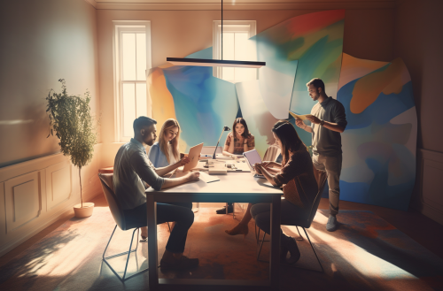 Six office workers laughing together at laptop