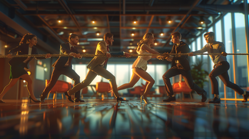 Six professionals tug-of-war game in office setting