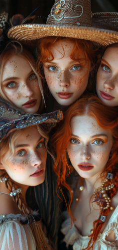 Six spooky witches stare eerily at the camera