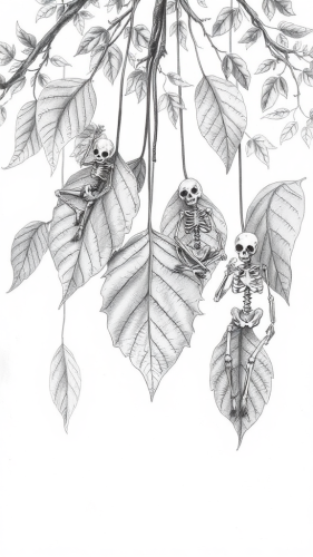 Skeletal friends enjoying fall leaves in whimsical setting.