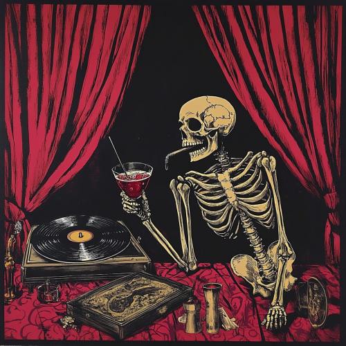 Skeleton enjoys a cocktail in jazzy bar.