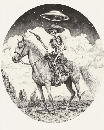 Skeleton gunslinger on horse abducted by UFO in sketch.