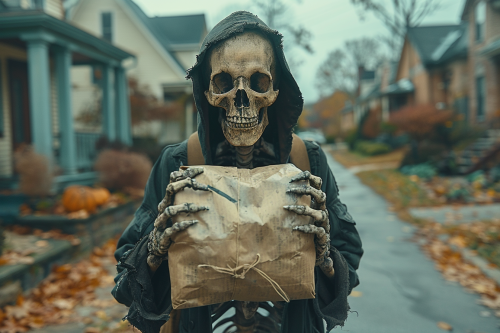 Skeleton in clothes waiting for package in suburb