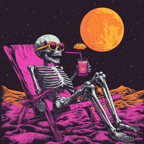 Skeleton relaxing in beach chair with drink under moon. Skeleton relaxing in beach chair with drink under moon.