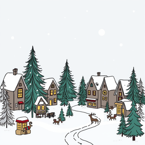 Sketch of Christmas village with small houses.
