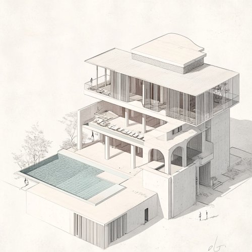 Sketch of building with terrace pool and culvinear roof.