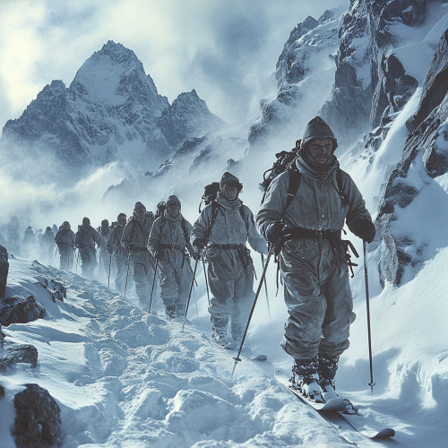 Skiers in 1950s gear on snowy mountain journey.