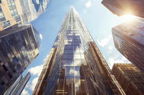 Skyscraper Reflecting Sunlight Among Tall City Buildings