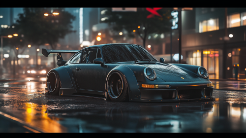 Sleek Porsche 911 on rainy night with wide body.