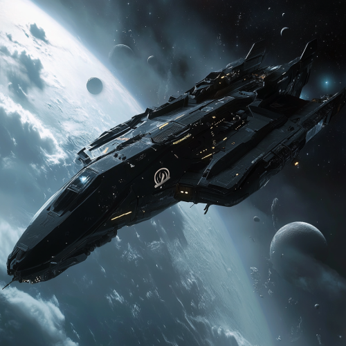 Sleek space gunship with black cloud decals in orbit. Sleek space gunship with black cloud decals in orbit.