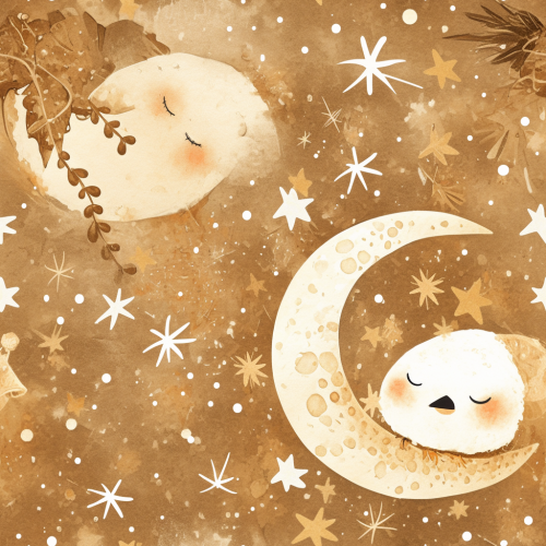 Sleeping Bird on moon surrounded by stars and snow