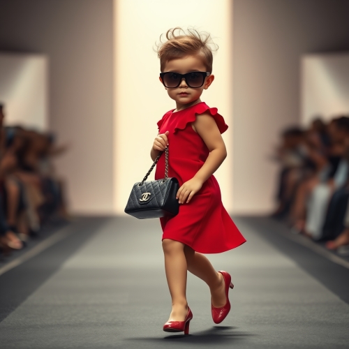 Slim baby walks runway in red Chanel outfit.