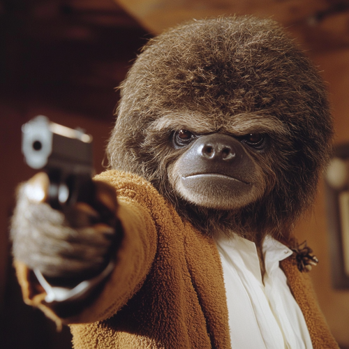 Sloth dressed as Jules from Pulp Fiction movie scene. Sloth dressed as Jules from Pulp Fiction movie scene.