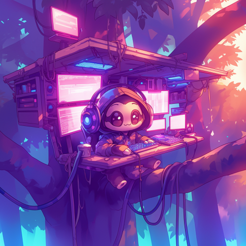 Sloth in hoodie and headphones hacking in treehouse.