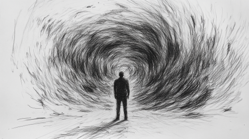 Small, fragile figure overwhelmed by immense force. Shapes chaotic, unsettling.