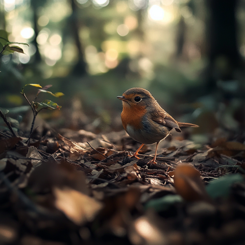 Small bird in forest with branches, leaves, realistic lighting.