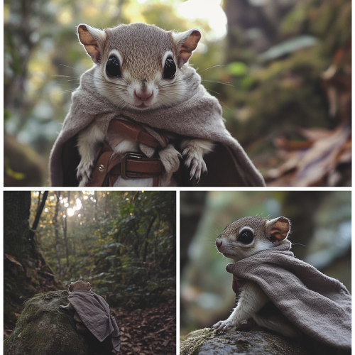 Small flying squirrel in forest wearing cloak. Moody scenes.