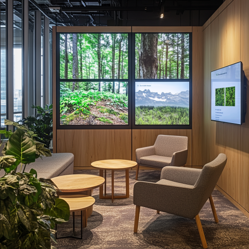 Small lounge with digital displays, Canadian nature themes.