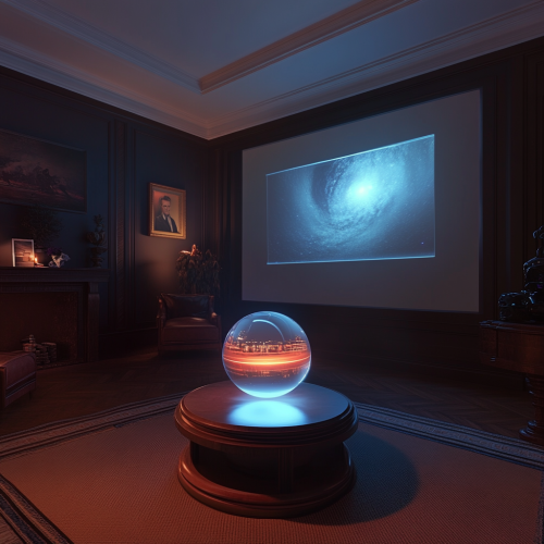 Small round table with films projected on walls.